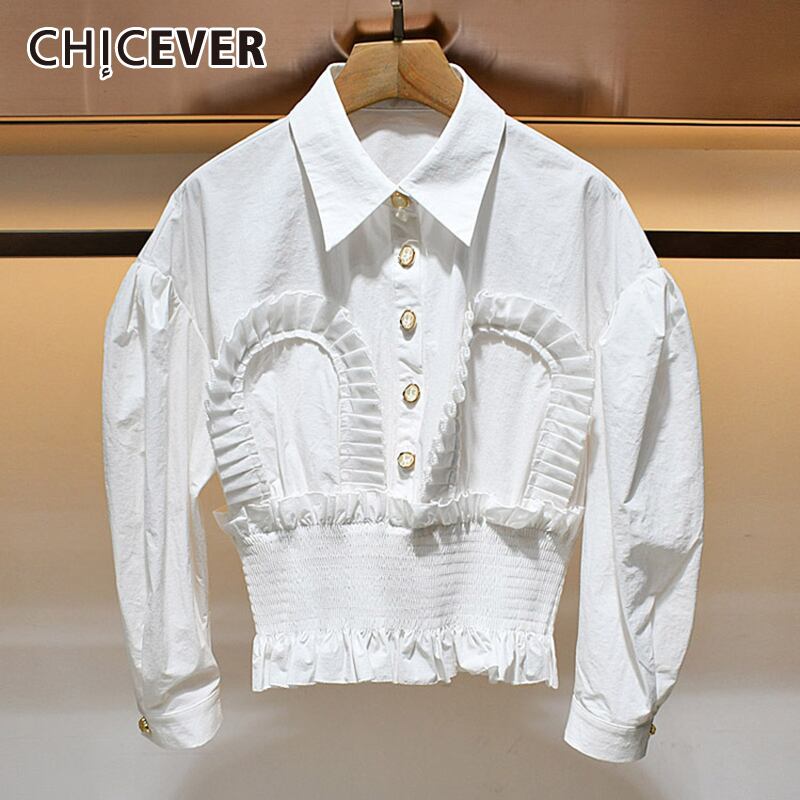 CHICEVERシャーリングシャツレディースラペルカラーパフ長袖チュニックホワイトショートブラウス2021秋 ロング オータム 秋物 6base533826814902