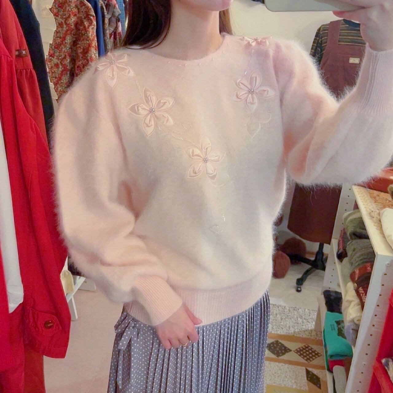 flower beads pink knit sweater