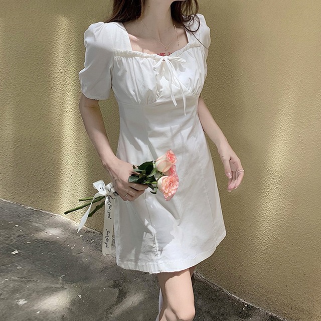 ホワイトスリーブドレス レディースサマーショートスカート 夏物 スクウェア 試着室42726466918