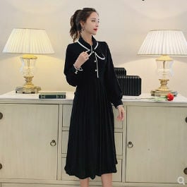 ワンピース エレガント 長袖 上品 リボン フレア 制服 ベルベット 春