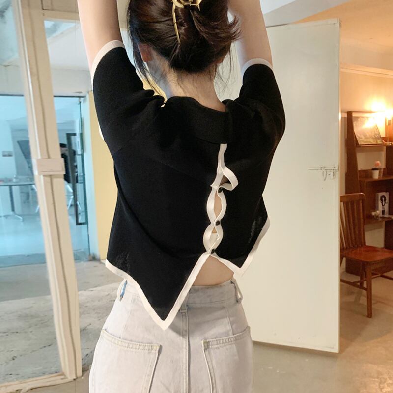 ブラックショートニットTシャツ サマー 夏物 スーパーモール79242101744