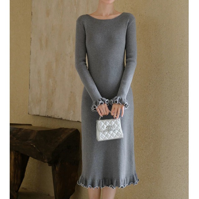 Mellow frill tight knit dress　M1720