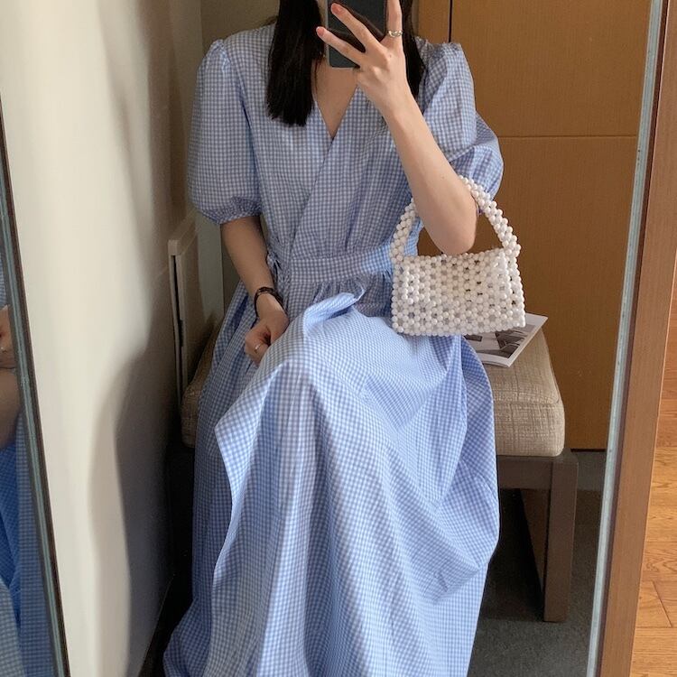 スタイルルーズドレス サマーサイドレースハイウェストウェスト格子柄スリーブスカート 夏物 ビッグFスモールZ韓国73486865132