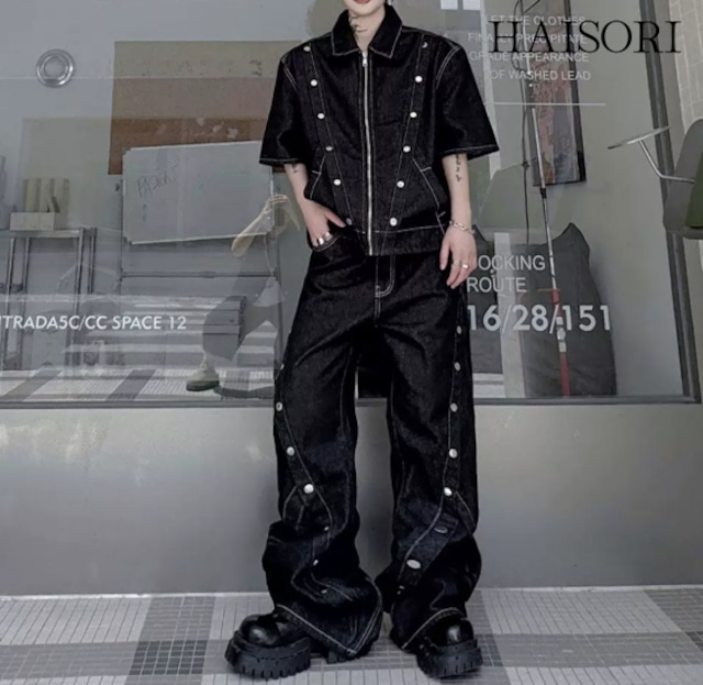 ホワイトステッチ スナップボタンディテール 半袖ワークシャツ＆ワイドパンツ セットアップ