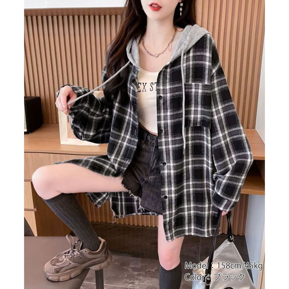 ネルシャツ フード付き 長袖 シャツ レディース 春秋冬 韓国 ライトアウター トップス おしゃれ 大人 カジュアル ストリート アメカジ レトロ 微起毛 ゆったり オーバーサイズ 大人可愛い 大人女子