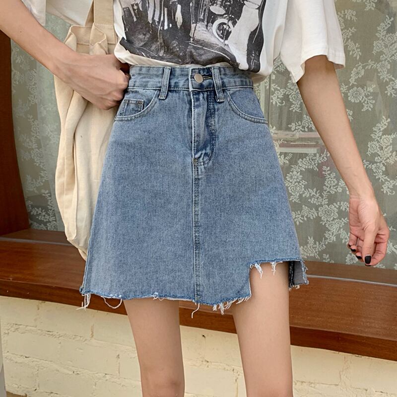 ハイウェストウェストスカート スプリングスタンダードブルー薄手Aライン レトロ 春物 スーパーモール64723136053