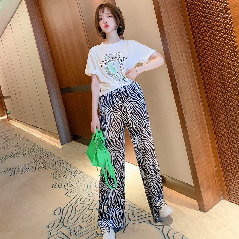 パターンストレッチウェスト薄手ルーズパンツ ワイドレッグスプリング エラスティック 伸縮 春物 ワイドパンツ MIUCO91218814138