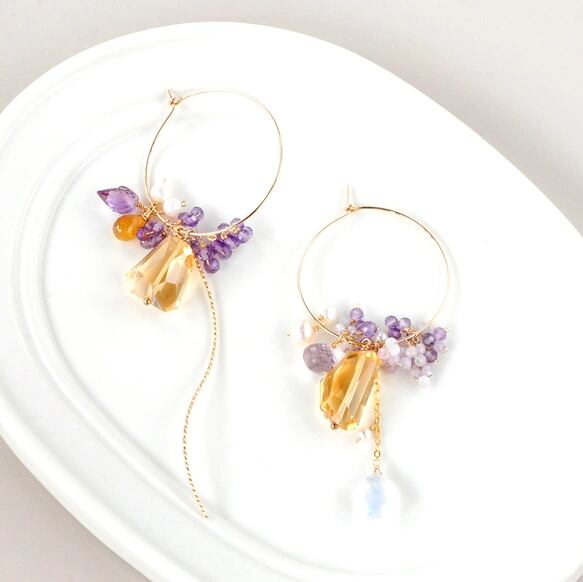 シトリンxアメジスト アシンメトリーフープピアス~14kgf