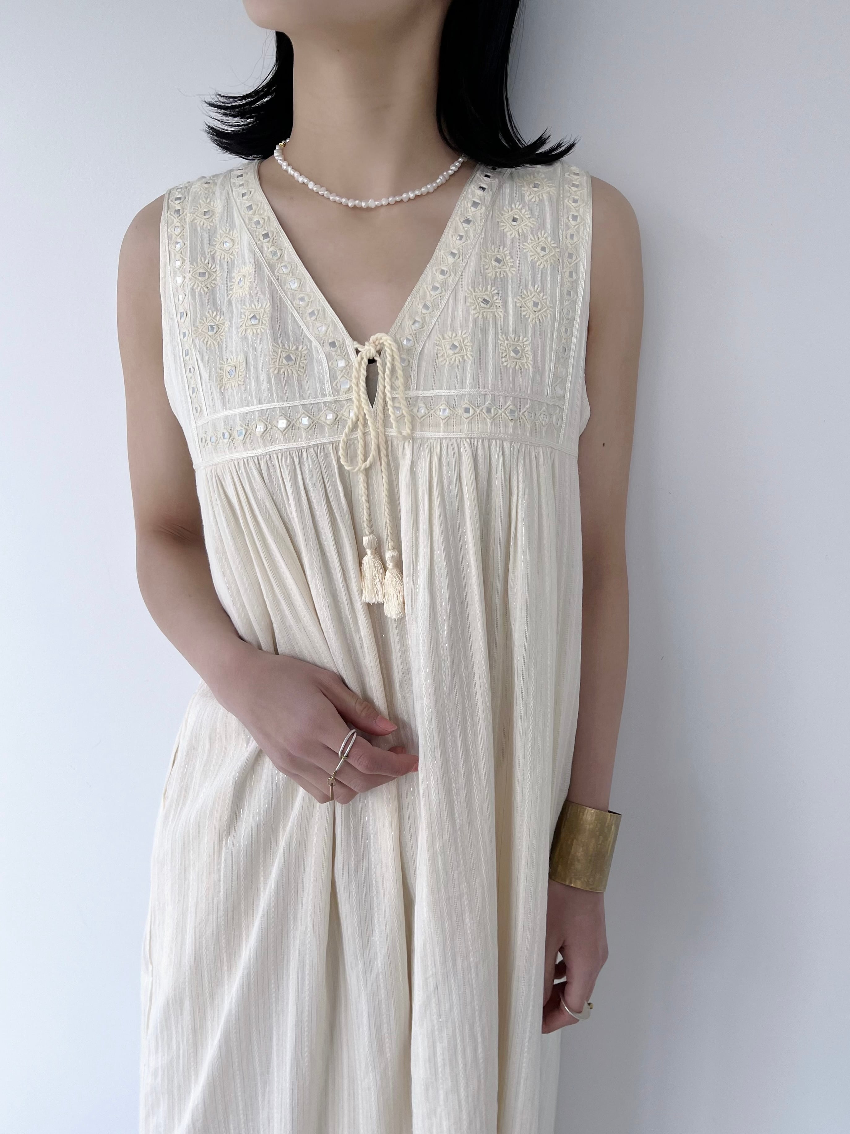 Sara Mallika Cotton Strip Jaquard Mirror Embroidery Dress | KOKO
