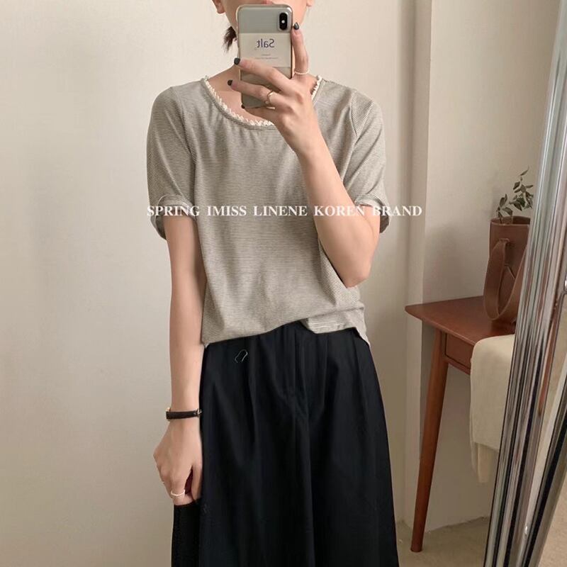 レースTシャツ レディースサマースタイルルーズ薄手グレーストライプラウンドネック半袖スリーブトップス ショート ハーフスリーブ 夏物 Oネック ビッグFスモールZ韓国7353601905