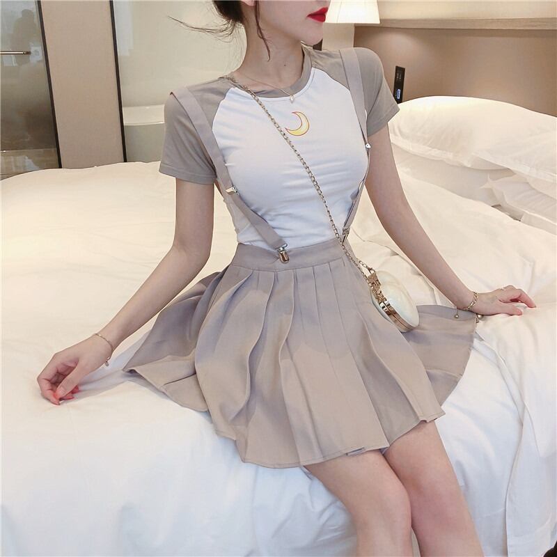 スリムフィットラウンドネックTシャツ スタイルハイウェストウェストプリーツスカート Oネック ハンチェンe77626113965