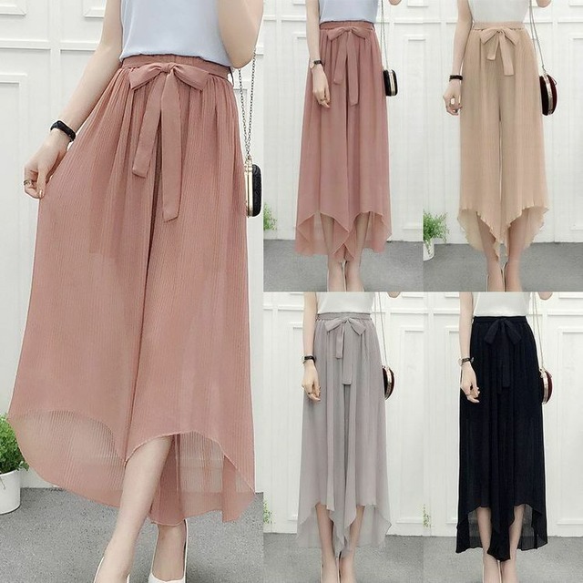 レディース ウエストリボン アシンメトリー メッシュ ワイドパンツ ハイウエスト 春コーデ 夏コーデ 秋コーデ / High Waist Pleated Irregular Mesh Chiffon Wide Leg Pants (DCT-588804498942)