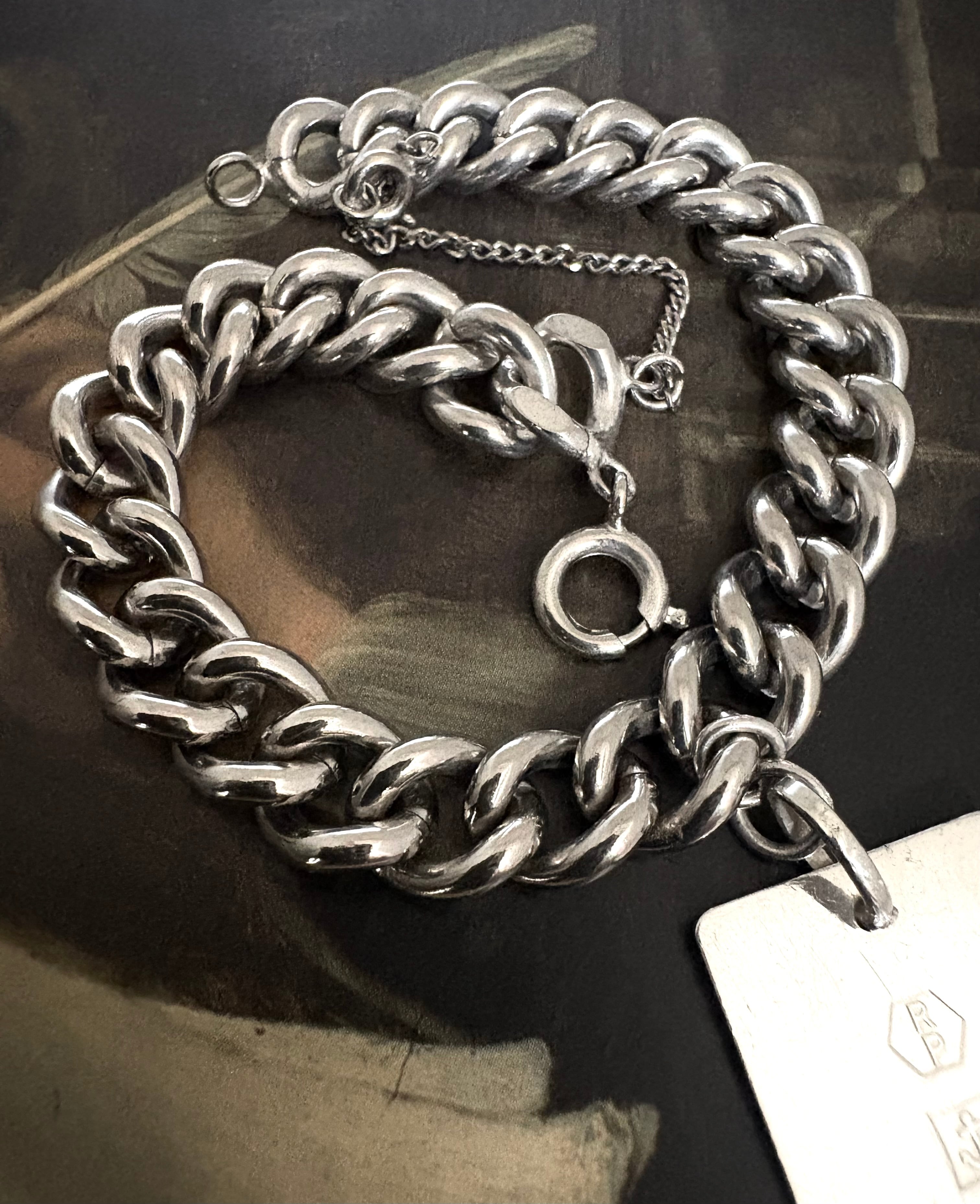 英国アンティーク シルバーブレスレット フォブ チェーン シェールド
