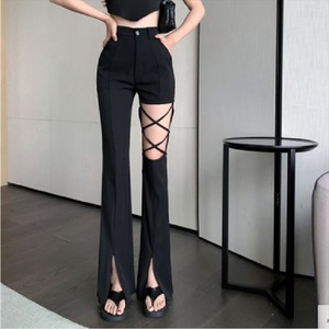 【送料無料】 スキニーパンツ フレア 編み上げデザイン スリット入り カジュアル系 大人可愛い ハイウェスト 美脚効果 こなれ感 ガーリー系 10代 20代 春 レディースファッション 可愛い お出かけ 女子会 デイリーユース お茶会 お呼ばれ