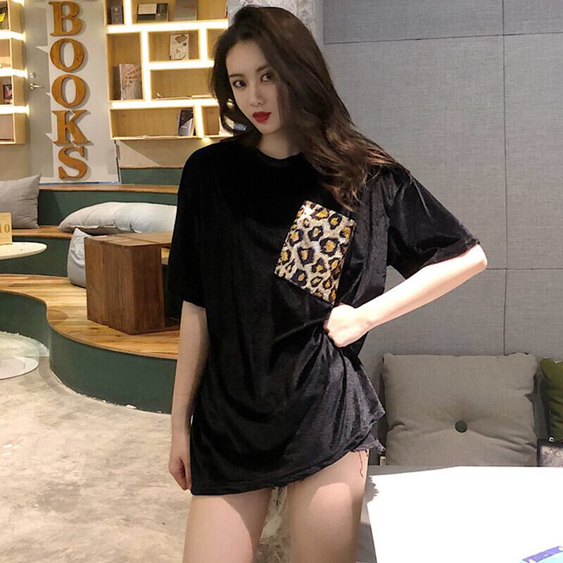 レオパードパターンベルベットルーズラウンドネックTシャツ オータムカジュアルトップス 秋物 Oネック ステッチ ガールズファッション62728962413