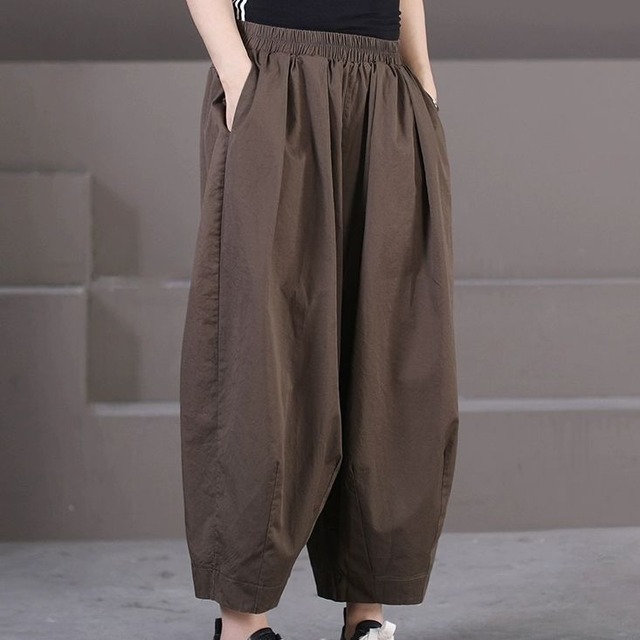 SOLID ELASTIC WAIST WIDE LEG BALLOON PANTS 2colors M-9370
