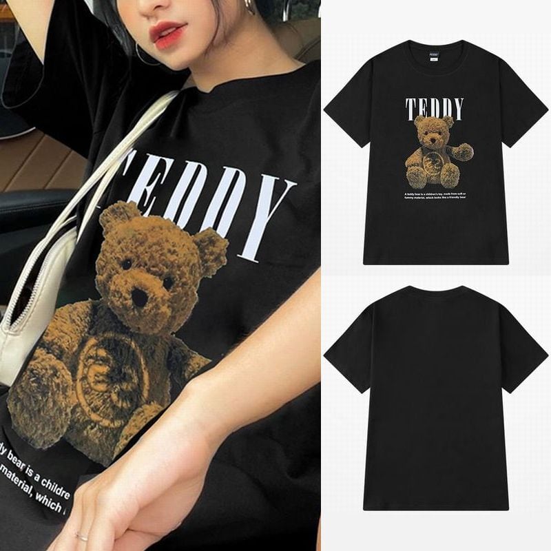 ユニセックス Tシャツ 半袖 クマちゃん ベアー プリント オーバーサイズ 大きめ クルーネック 韓国ファッション メンズ レディース カジュアル  ストリート系 / ins black t-shirt loose thin section bare casual round neck t-top  ...