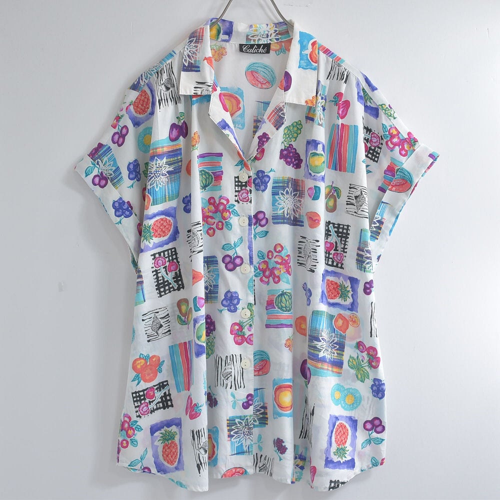 80s90s レトロ　フルーツ総柄シャツ　昭和 シャツ 柄シャツ レトロ 昭和 青 オレンジ 総柄 ドット