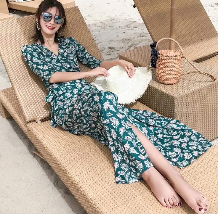 超目玉★マキシ丈ラップワンピース 巻くタイプ 葉っぱワンピース