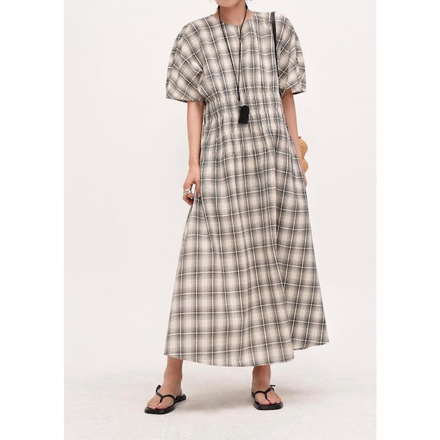 retro check shirred waist one-piece
