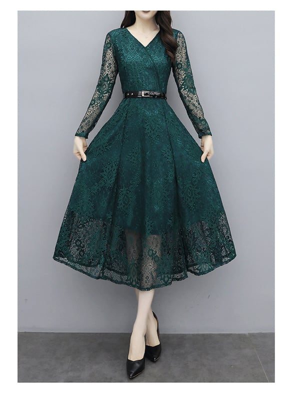 ロング丈ワンピース ロングドレス カジュアルワンピース レースワンピース レディースファション 着痩せ 二次会 女子会 パーティー Vネック 長袖 ロング丈 大きいサイズ M L Ll 3l 4l 5l グリーン 緑 Elegant