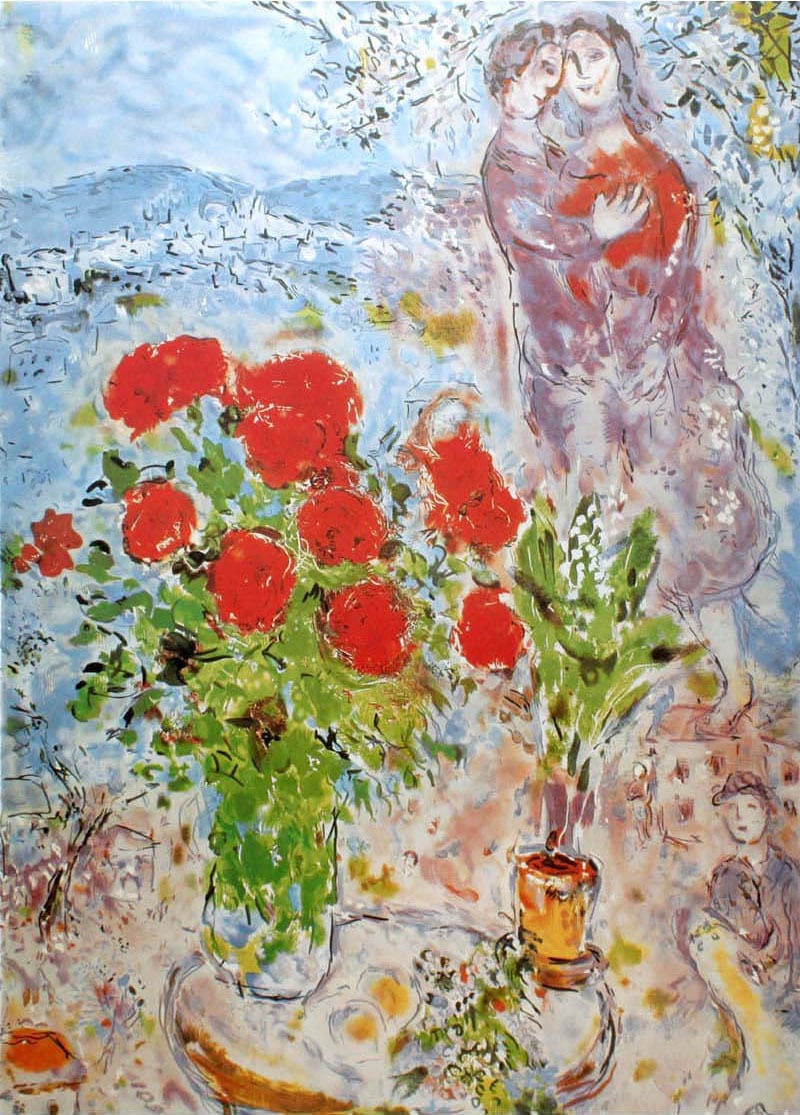 マルク・シャガール作品「赤い薔薇と恋人たち」作品証明書・展示用フック・限定500部エディション付複製画リトグラ