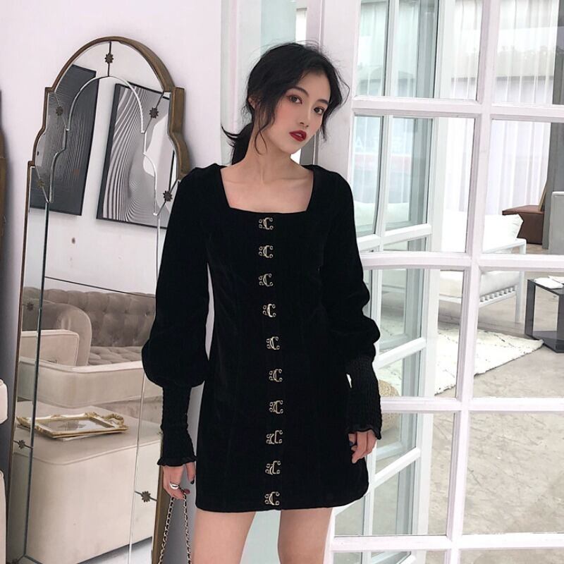 オータムベルベットブラックドレス ハイウェストスリムレディース ロング 秋物 YY-ファッション42918034276