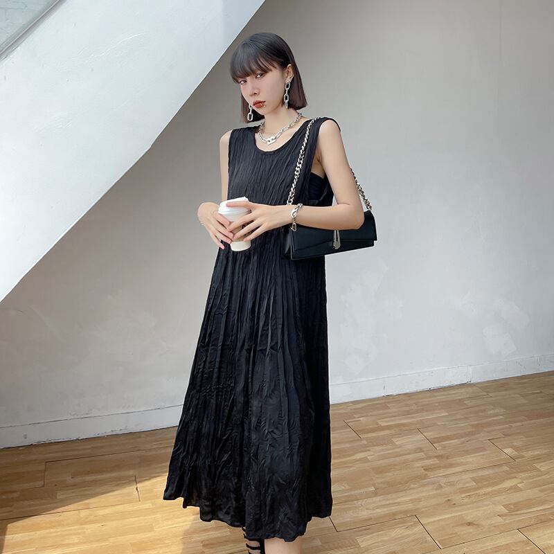 ブラックロングスカート サマー薄手ルーズノースリーブドレス カジュアル 夏物 ラブタオタオダレンハウス89589670241