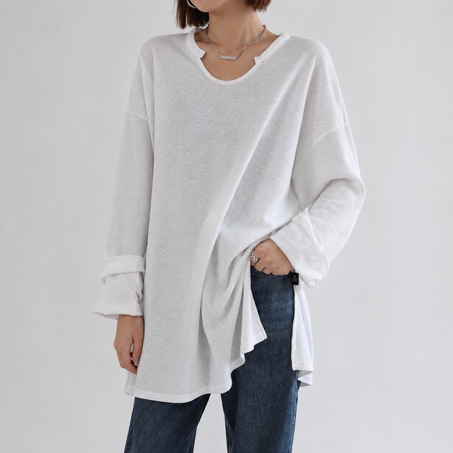 Notch neck waffle long tops 2 colors　V3119