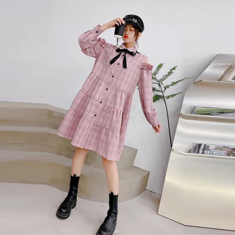 ファットmm秋の服2020プラスサイズの女性の新しいスタイルのスリムなストラップレスの格子縞のドレス、ファットウェア初秋 ミックスインファッション15965356389