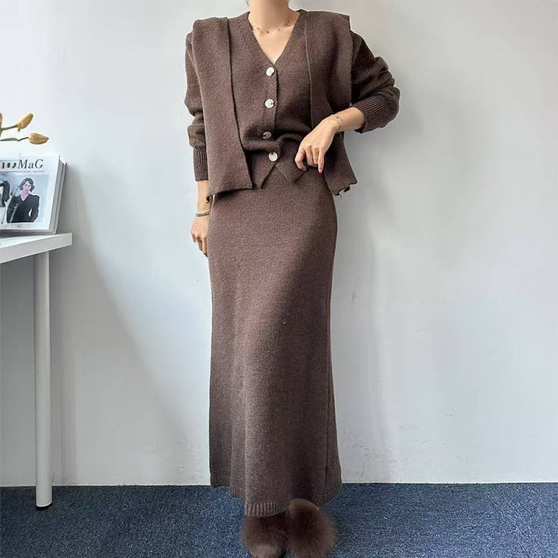 【set】ストール×Vネックカーディガン×ロングスカート3点セット Q7065