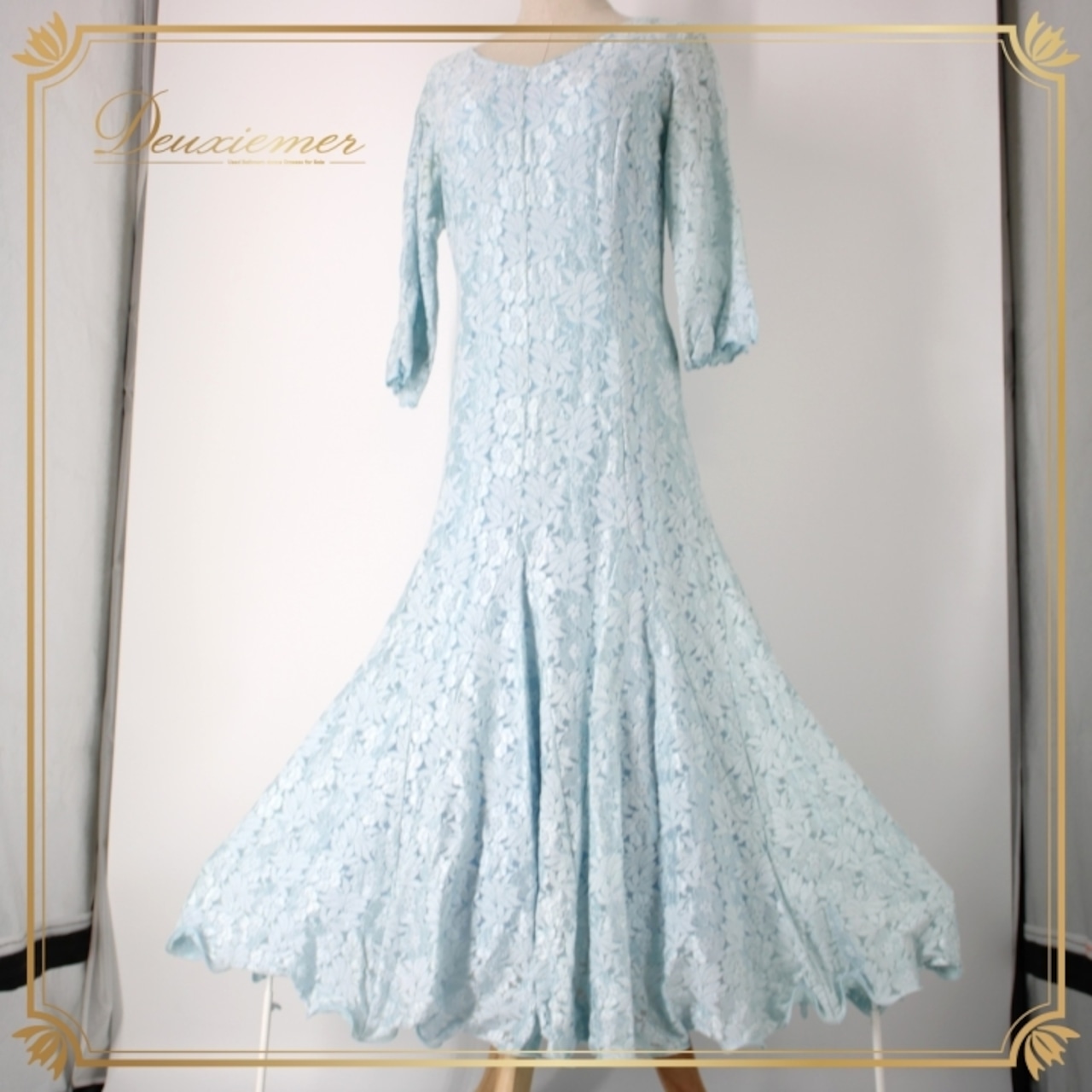 社交ダンス 衣装 スタンダード ドレス ワンピース レッスンウェア パーティドレス オールシーズン 水色 ブルー系 U:NA ユーナ 花柄 レース ライトブルー 花柄レース エレガント ボリューム スカート ゆったり 軽やか 伸縮性 おしゃれ デザイン レッスン用 ダンスウェア レディース かわいい 上品 体型カバー 透け感