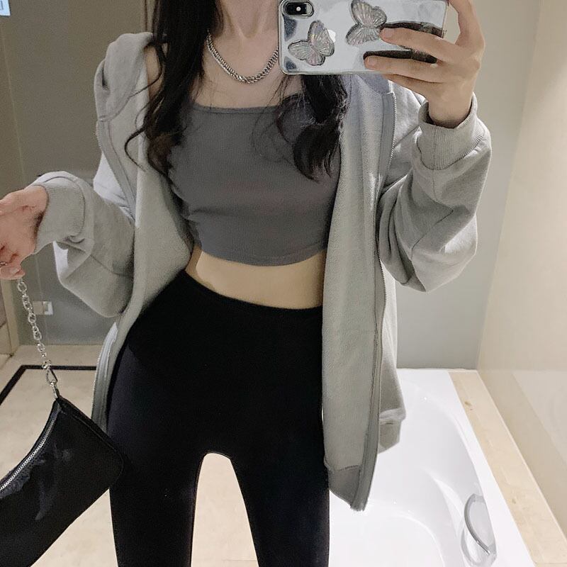 カーディガングレーセーター フードオータム薄手ジッパージャケット ルーズカジュアルトップス 秋物 ガールズファッション39920105141