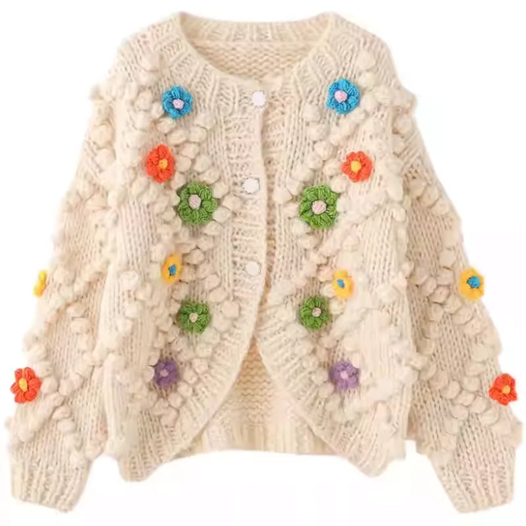 3D Floral Knit Cardigan – Apricot Embroidered Short Sweater (CF089)