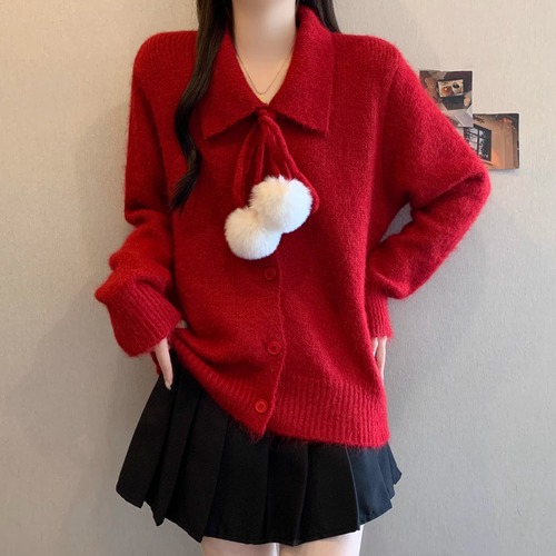 2色／ポンポンリボンポロカラーニットトップス ・74046