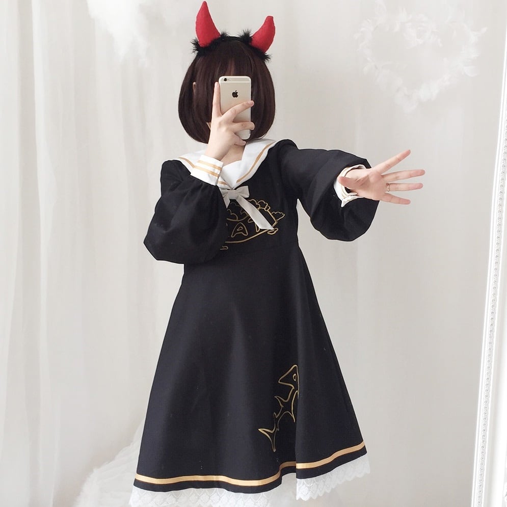 セーラー襟フィッシュボーンワンピース ブラック レッド Different World セーラー襟フィッシュボーンワンピース ブラック レッド Different World