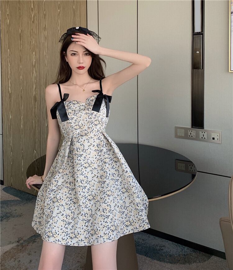 ドレス スタンダードスタイルフローラルショートスカート サマー リボン レトロ レース 夏物 花柄 ブラックストロベリース20158061836