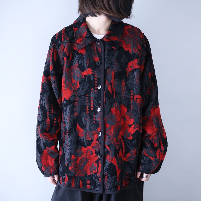 "reversible" red× black design box silhouette weaving jacket