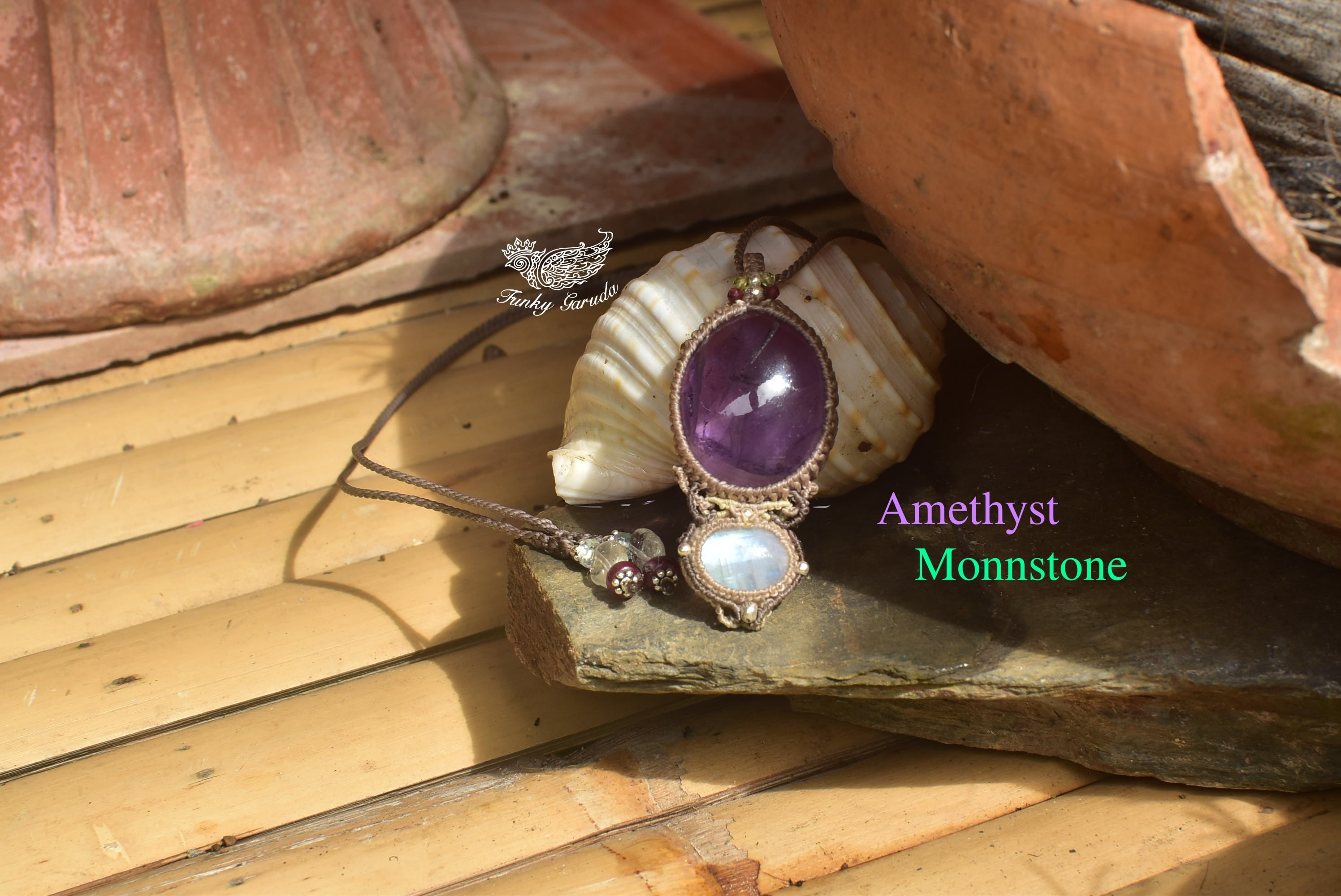 レインボームーンストーン　アメジスト　マクラメペンダント　ネックレス レインボームーンストーン アメジスト マクラメペンダント ネックレス