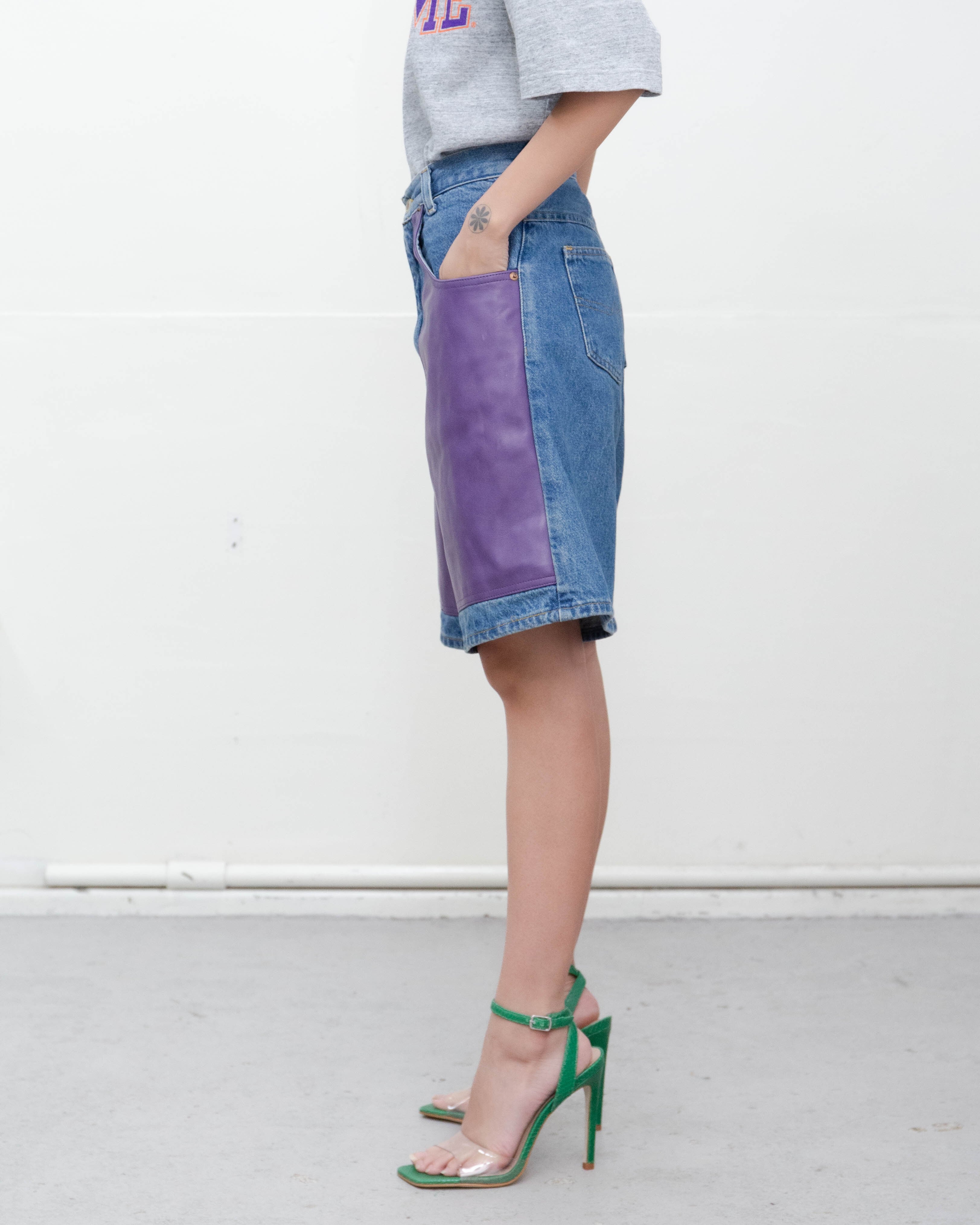 1990s leather panel denim baggy shorts | LUIK FINN