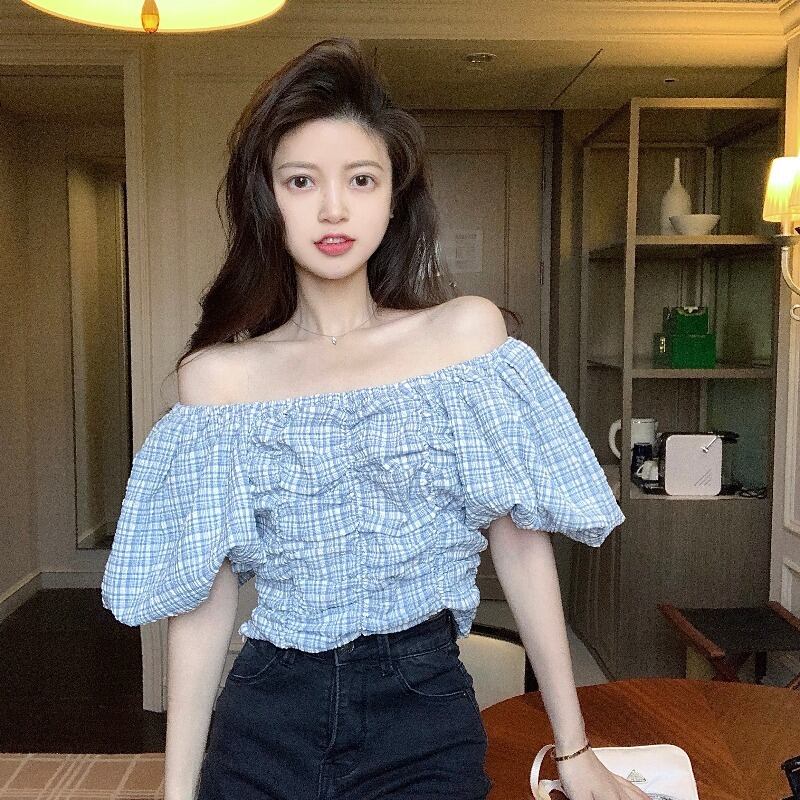 格子柄シャツ スリーブサマー薄手トップス 夏物 ブラックストロベリース67870385162