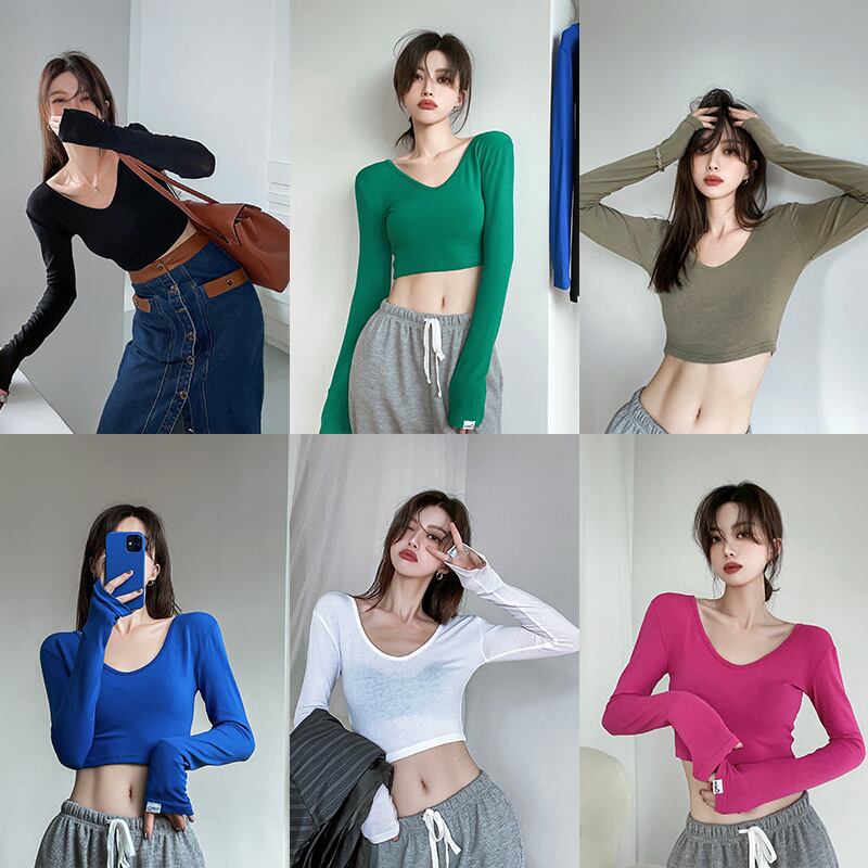 Tシャツ シャツ Vネックスリムショートマルチカラーホルターオータムトップス ロング 秋物 ブラックストロベリース24294601841