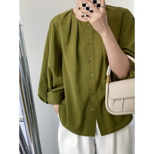 Round neck lantern sleeve cotton linen shirt(SN105)