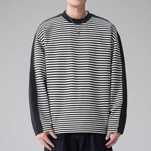 Border Pattern Long Sleeve Layered Crew Neck Cut Sew ◇H1029