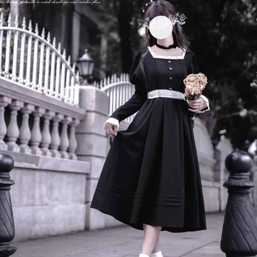 レトロクラシカル ワンピース ウエストベルト付き フレンチレトロ 胡桃木