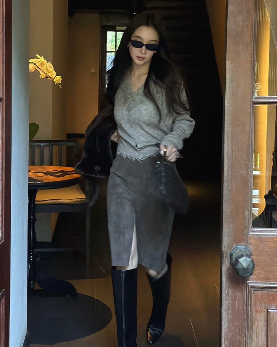 フロントスリットフェイクスエードスカート A25335