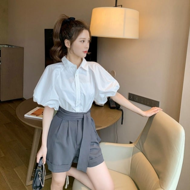 セットアップ ブラウス 長袖 ボリューム袖 ショート丈 パンツ レディース 刺? 透け感 ショートパンツ カジュアル 短パン 楽ちん 可愛い ゆったり 体型カバー ゆるっと 重ね着 シンプル セットアップ トップス ボトムス ショートパンツ シャツ ブラウス