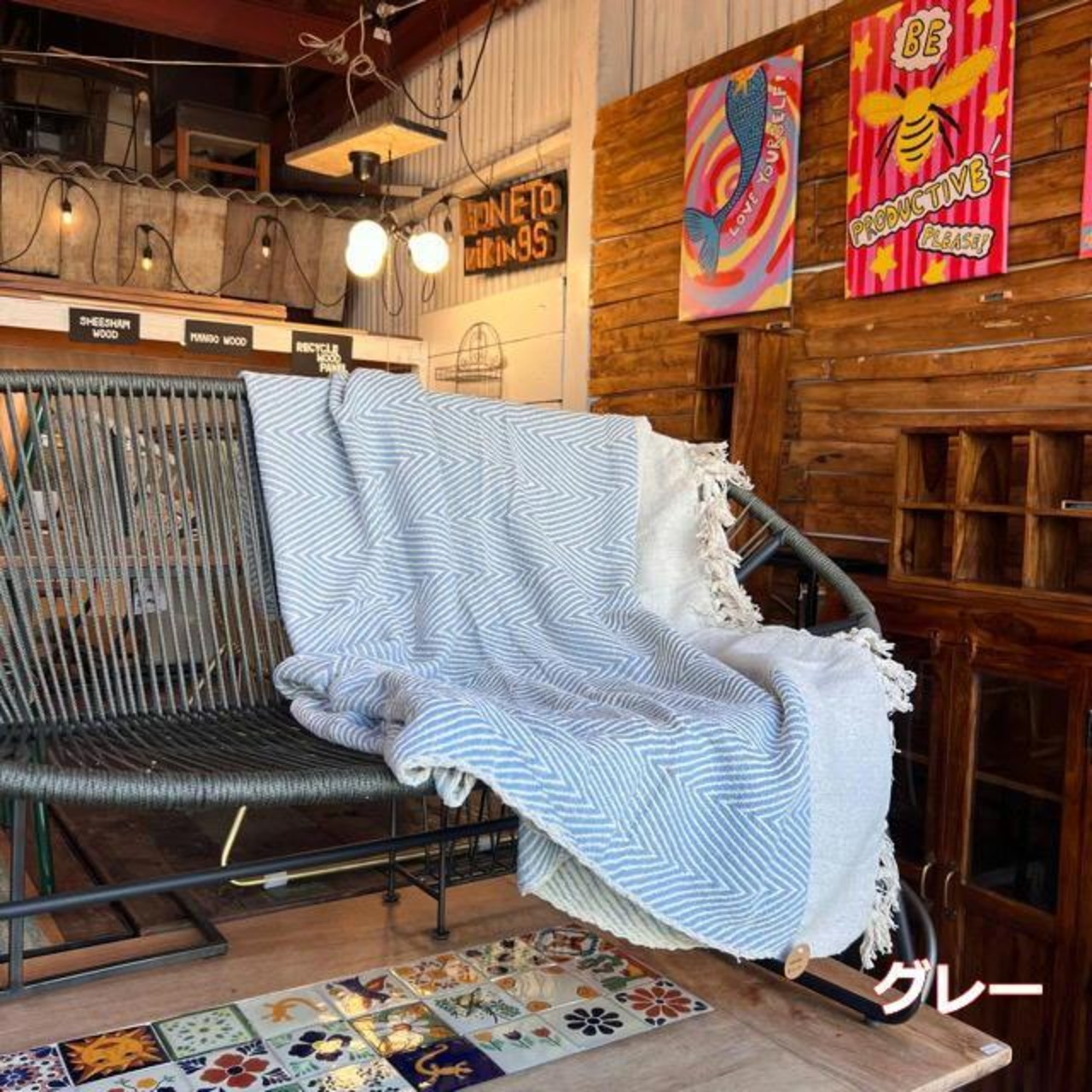 インド　コットンスローウェーブ　140×200cm　全4色　ブルー　イエロー　オリーブ　グレー　ベッドカバー　マルチカバー　ソファカバー　インド綿