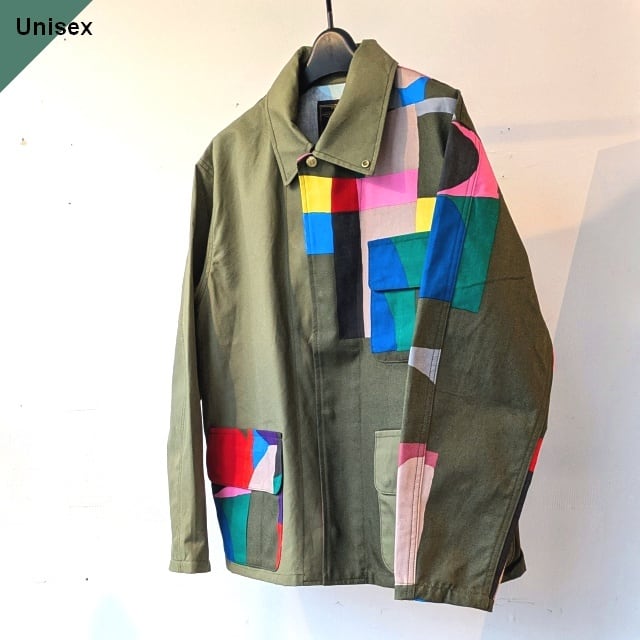 Bohemians パッチワークライクプリントワークジャケット Abstraction canvas × solid flap work jacket