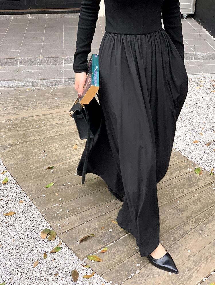 異素材MIX 長袖 ロング ワンピース フレアワンピース ワンピドレス